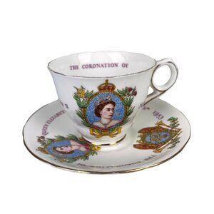 VTG Royal Stafford England Queen Elizabeth II Coronation Teacup Saucer Set 1950s